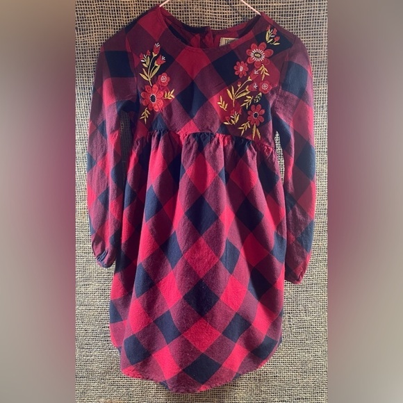 True Craft Other - True Craft Red & Black Buffalo Plaid Long Sleeve Dress, Sz 4, Floral Embroidery